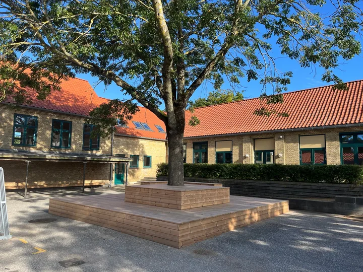 Trædæk og siddebænke i termofyr omkring et stort træ i skolegård, Melby